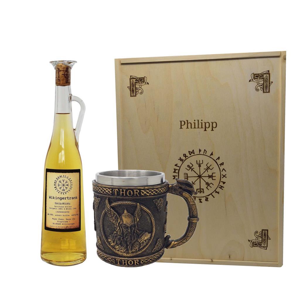 Geschenkset Krug Thor inklusive Wikingertrank Honig Whisky mit Holzbox