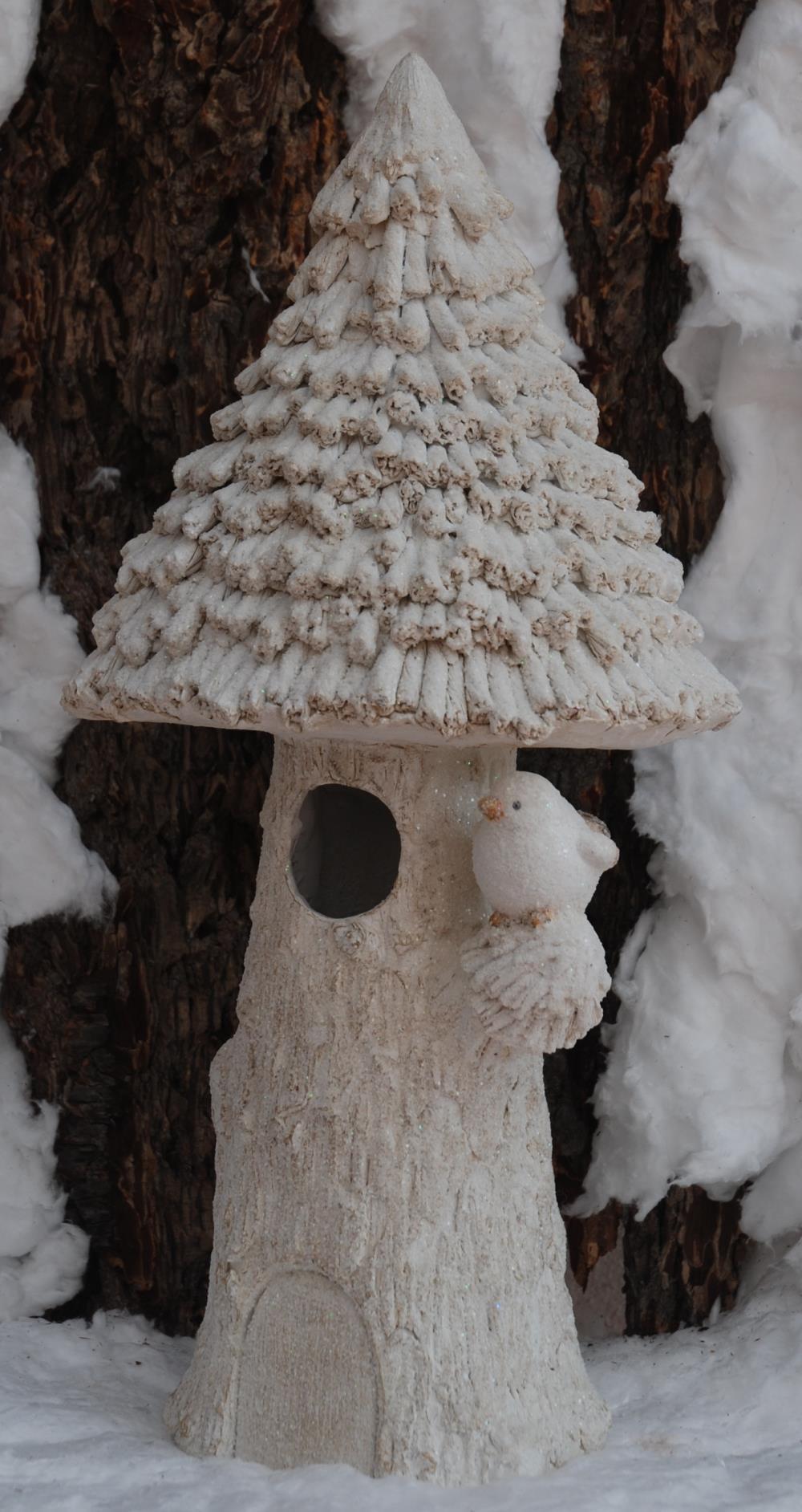 Winter Dekofigur Pilz mit Vogel