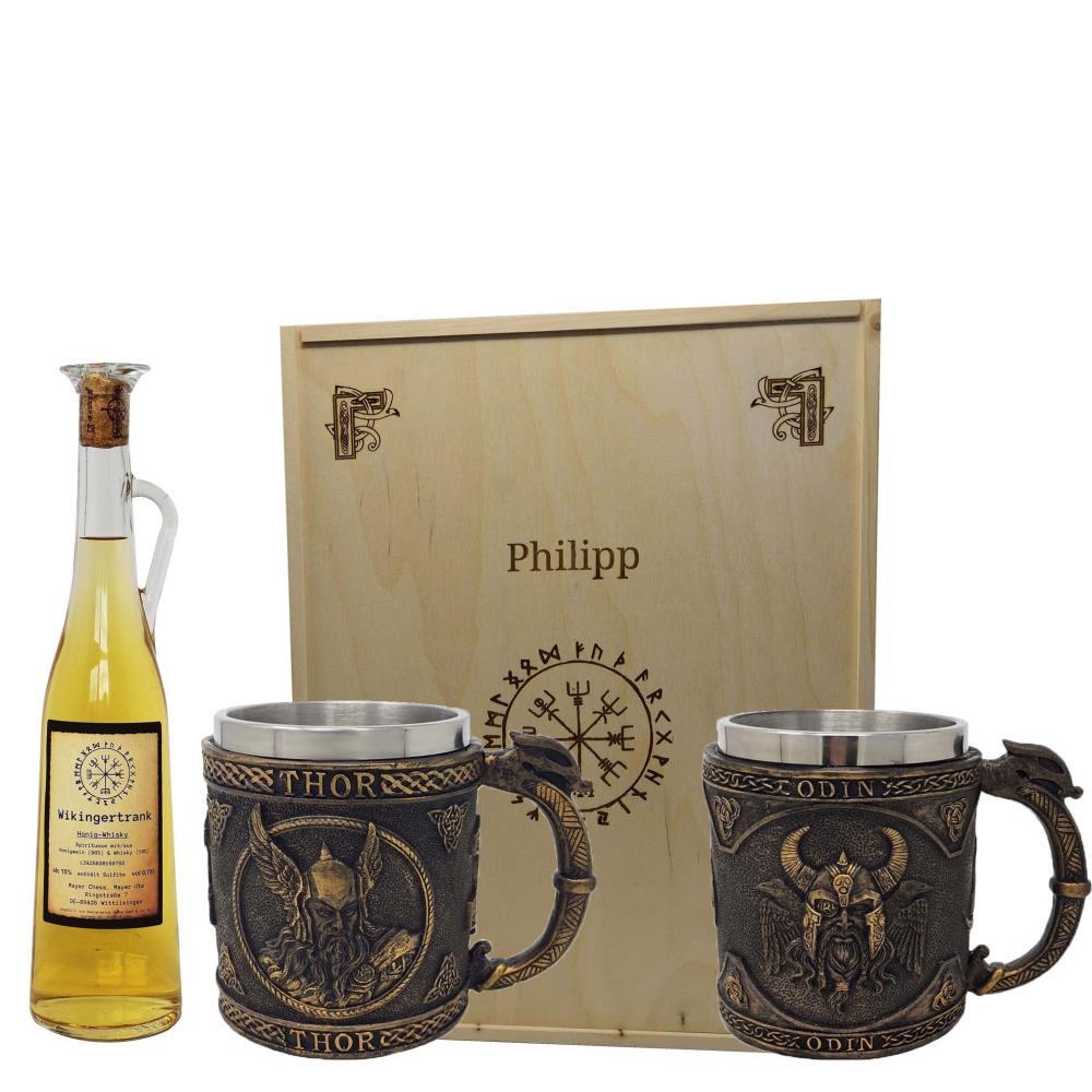 Geschenkset Krug Odin und Krug Thor inklusive Wikingertrank Honig Whisky mit Holzbox