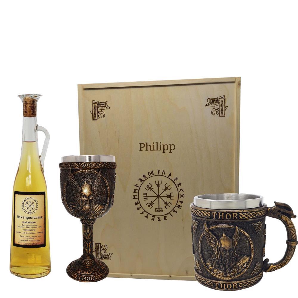 Geschenkset Kelch Thor und Krug Thor inklusive Wikingertrank Honig Whisky mit Holzbox